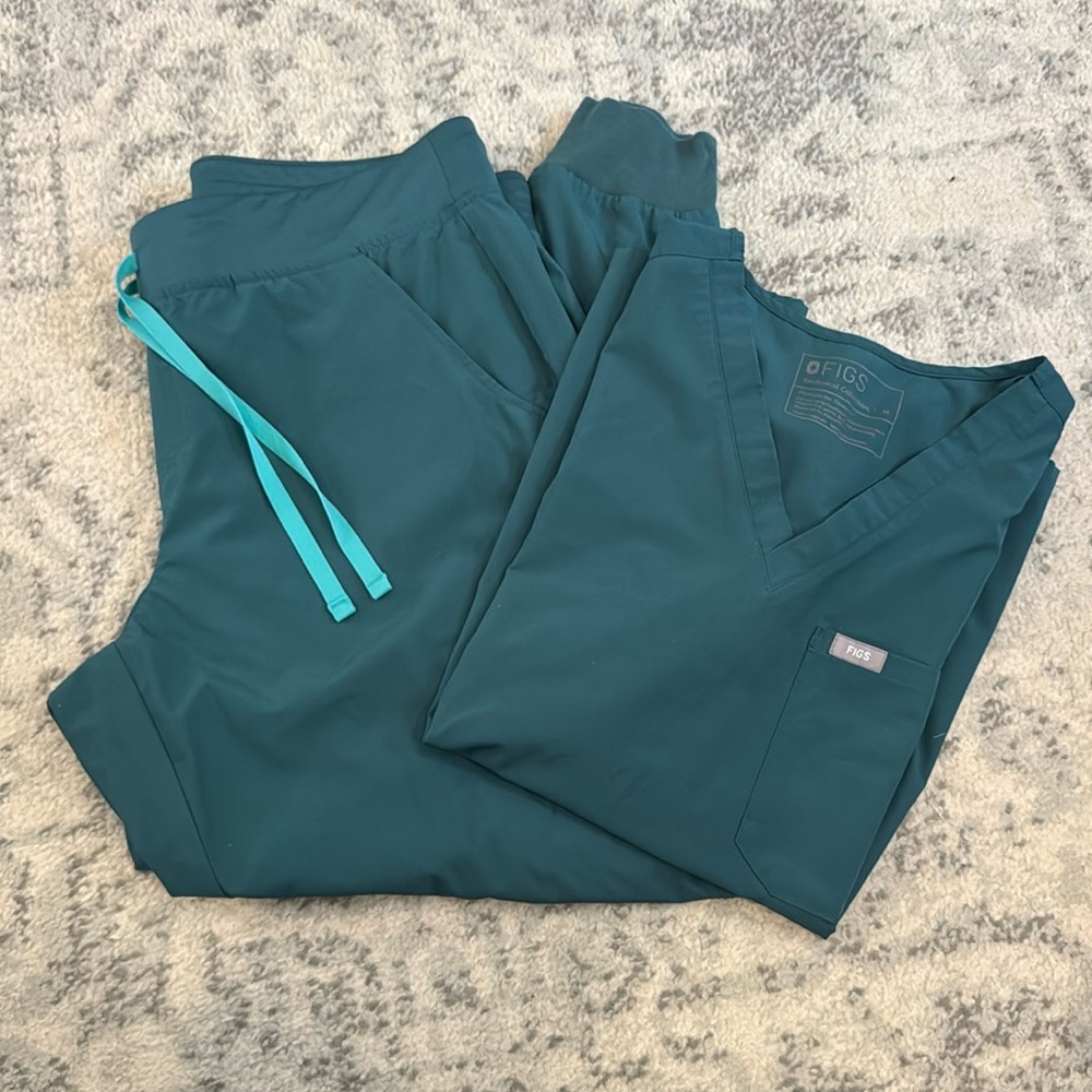 Figs Women's Teal Scrub Top and Pants Set with Aqua Drawstrings